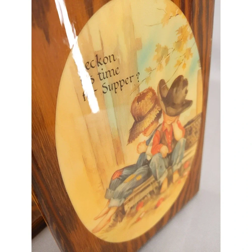 Vintage Coby Wood Wall Plaque‎ Set Brown Country Boys Farming Art 2pc